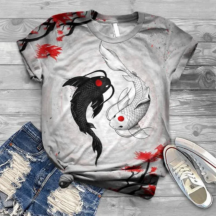 Maple Leaf Yin Yang Fish Japanese Print T-shirt