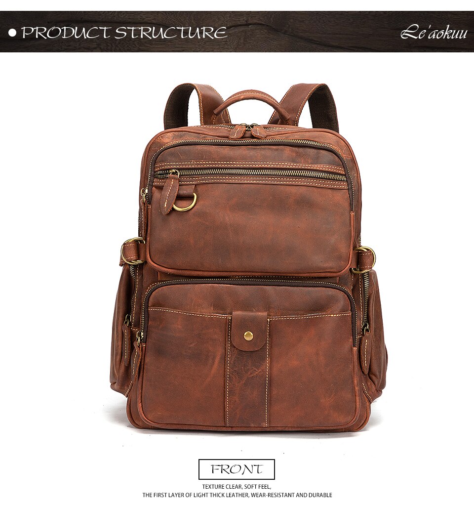 Front View of Woosir Full Genuine Leather Daypack