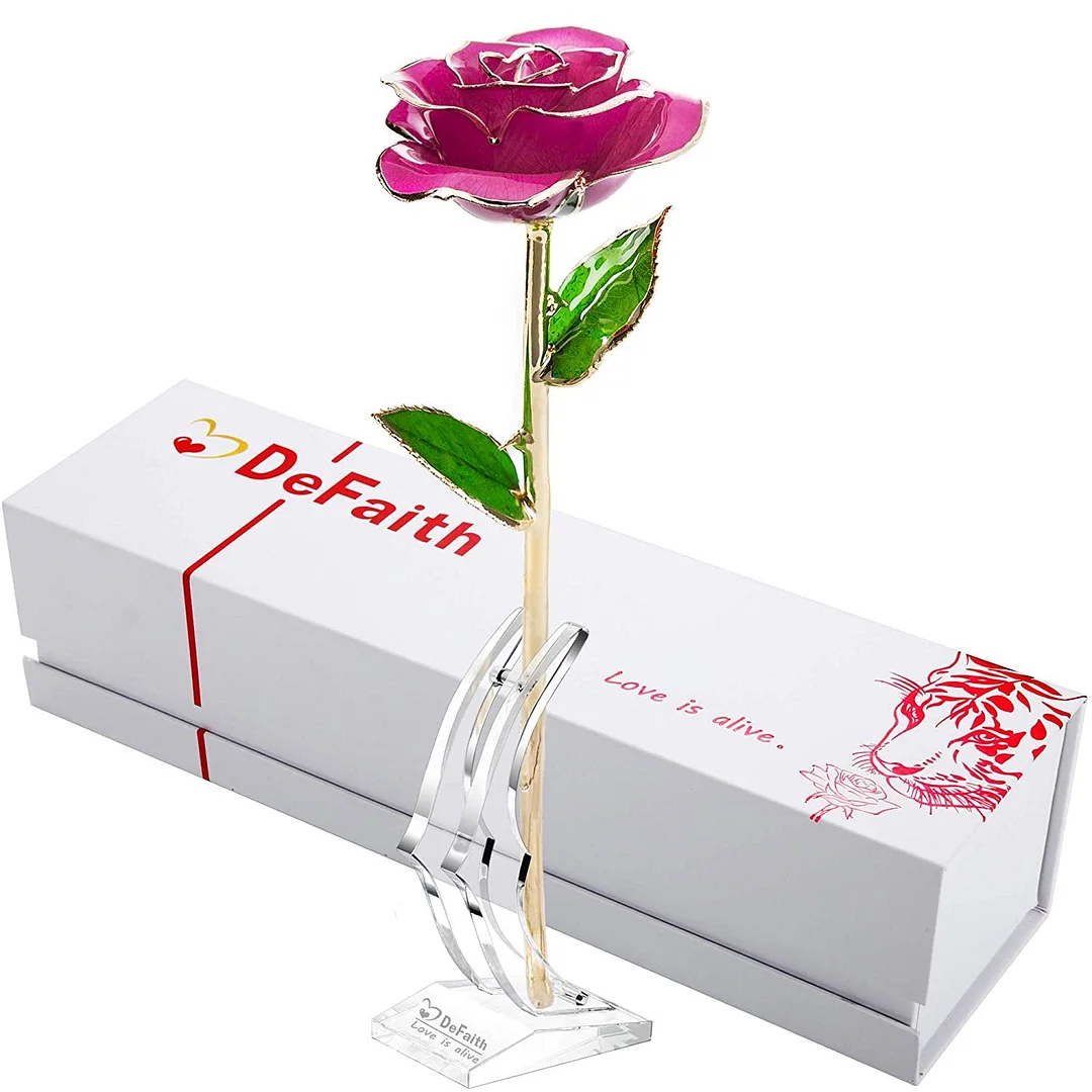 24K Gold Rose Made from Real Fresh Long Stem Rose Flower, Red with Stand
