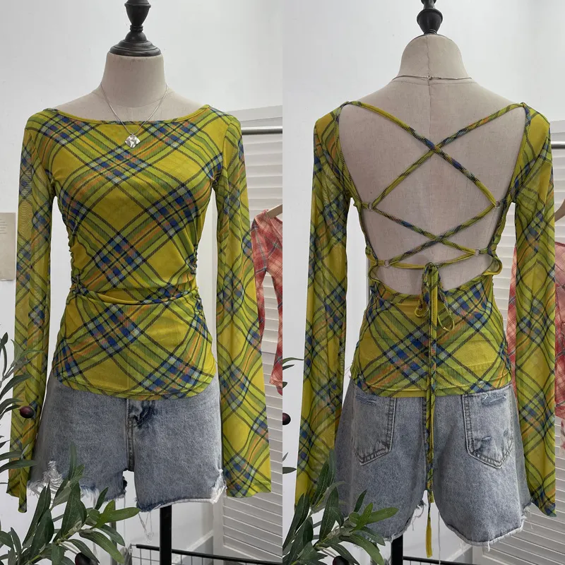 Uveng Vintage Print Repair Body Clothes Bump Color Mesh Strapd To The Big Bare Back Long-Sleeved Bottom Shirt T-Shirt 9939