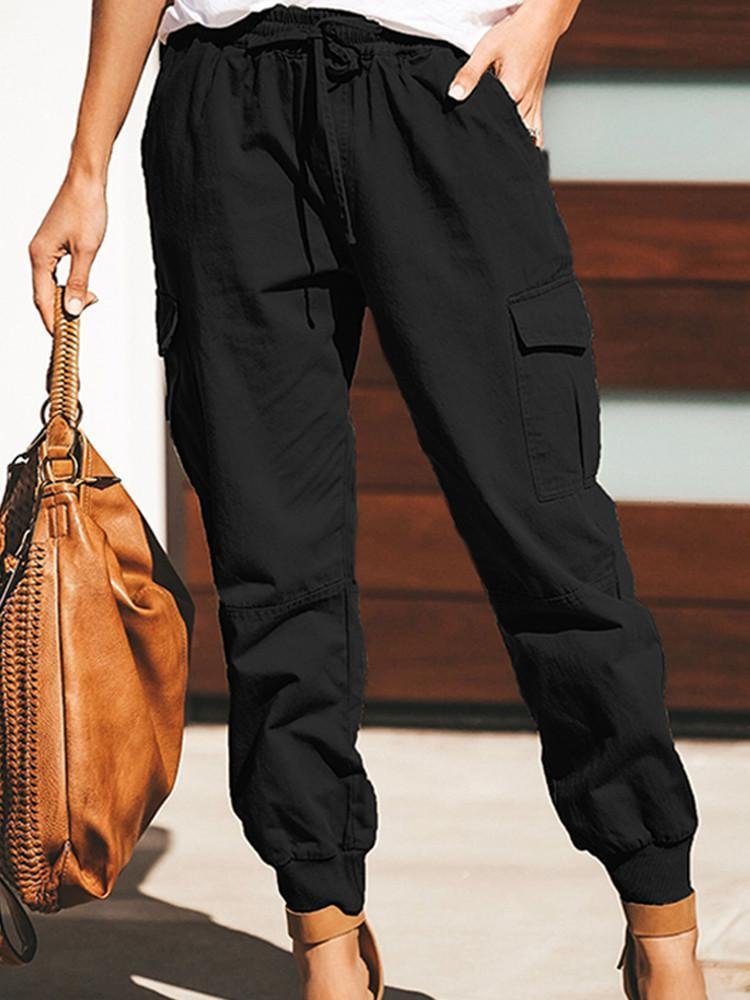 Casual Solid Pocket Lace-up Pants-luchamp:luchamp
