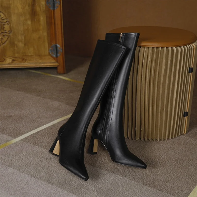 Meotina Women Genuine Leather Boots Thick High Heel Zipper Ladies Shoes Pointed Toe Knee High Boots Autumn Winter Apricot Black