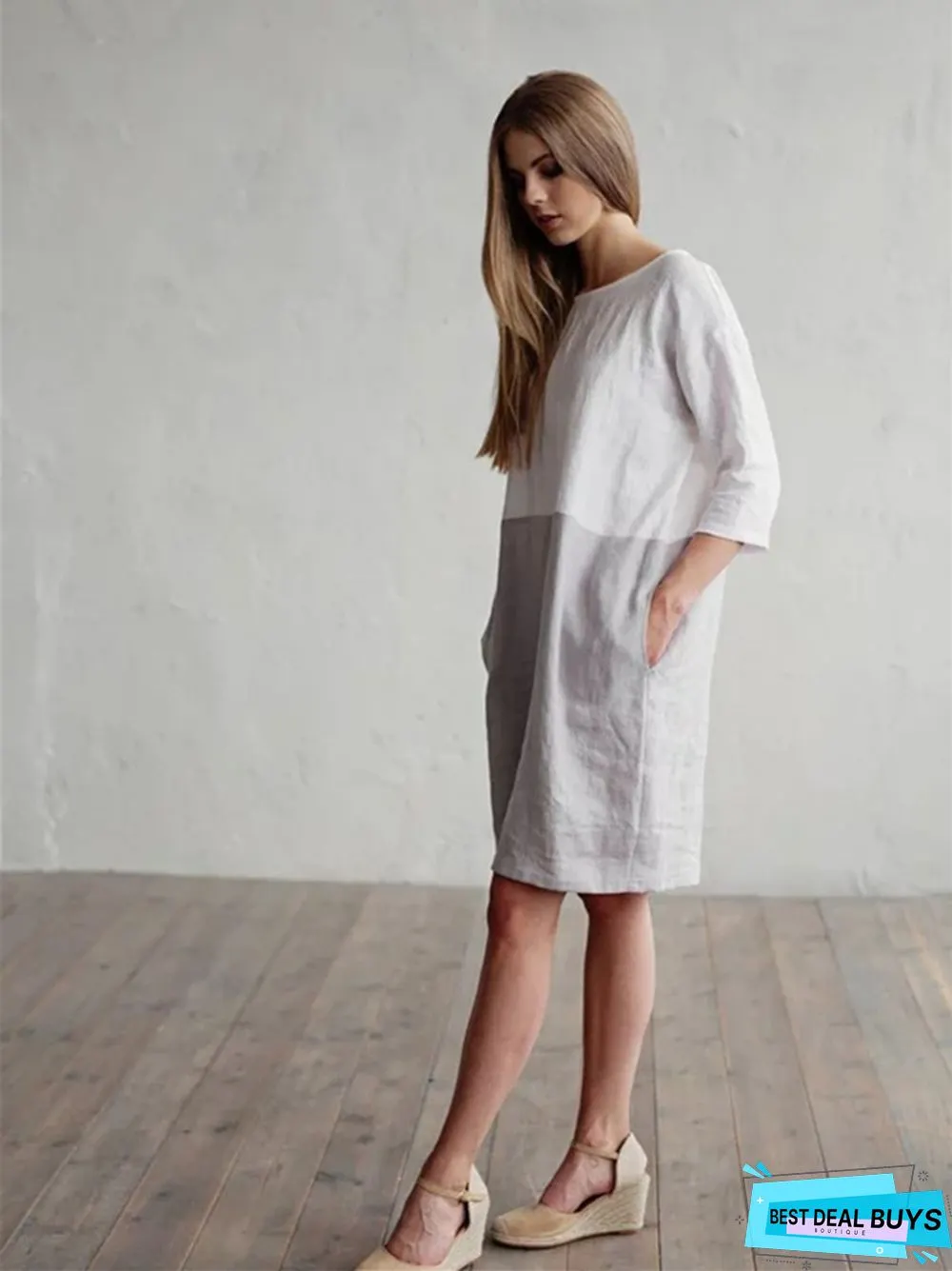 Loose Solid Color Cotton Linen Patchwork Dress Round Neck Seven Sleeve Skirt Waist