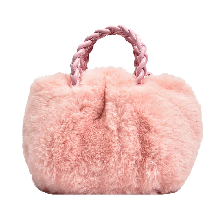 Fluffy Crossbody Bags Woven Handle Plush Women Travel Girls Tote Handbags (Pink)