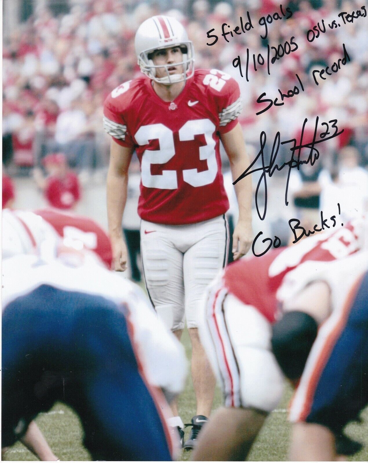 JOSH HUSTON OHIO STATE BUCKEYES 5 FG'S SCHOOL RECORD ACTION SIGNED 8x10