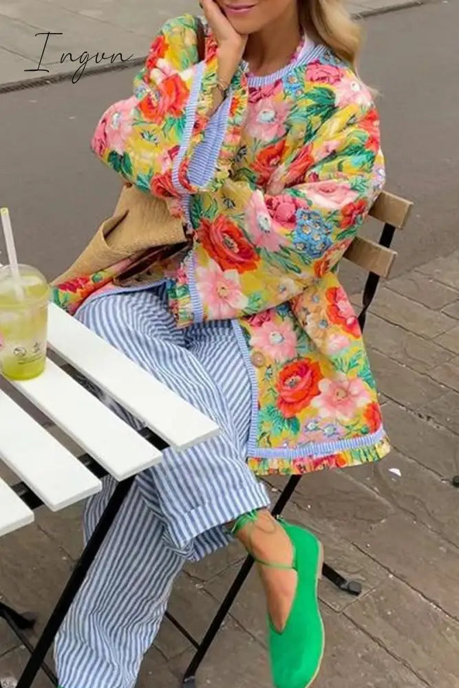 Ingvn - Elegant Floral Patchwork Contrast O Neck Outerwear Colour / S