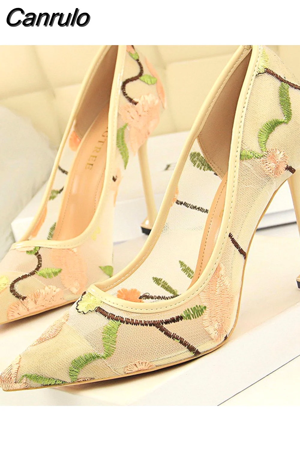 Canrulo Flower Embroidery Lace High Heels Sexy Party Summer Woman Shoes 2023 New Stiletto Fashion Women Heel Mesh Women's Pumps