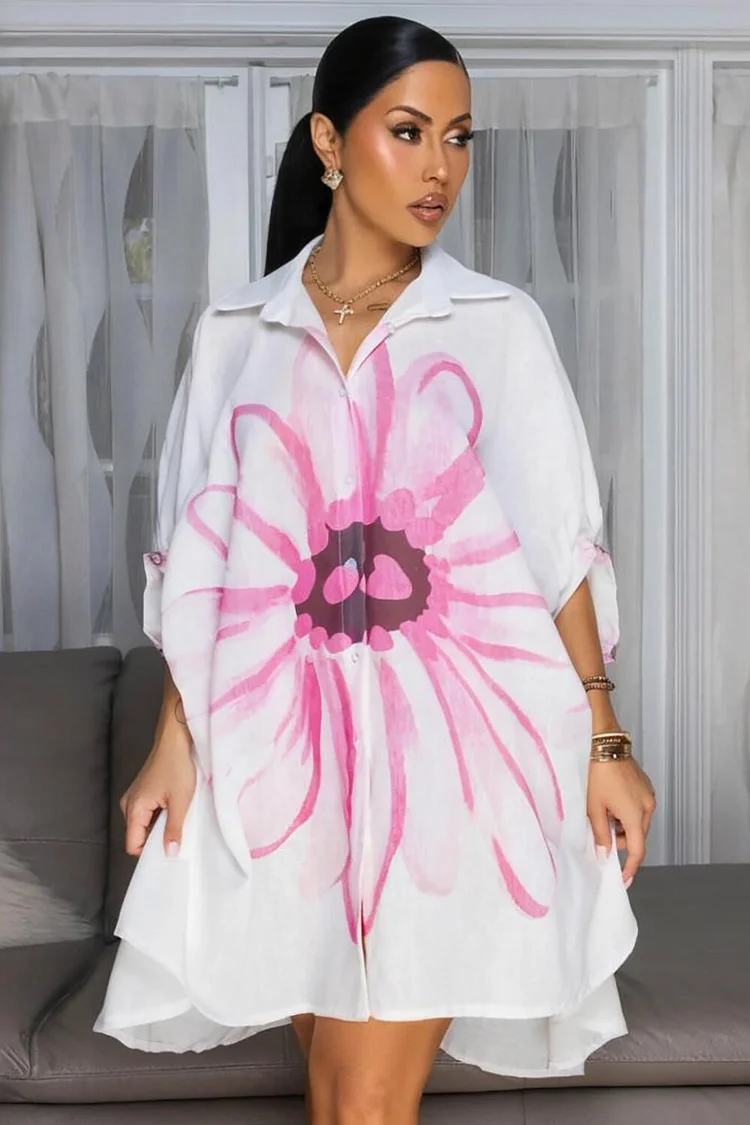 Floral Print Half Sleeve Turndown Collar Loose Fit Mini Shirt Dresses-Red