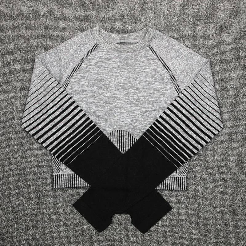 Seamless Outdoor Two Piece Set Women Long Sleeve Crop Top Sport Leggings Tracksuit Fitness Gym Suits For Women