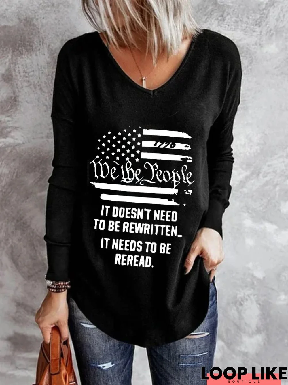 Casual Long Sleeve V Neck Printed Top T-shirt