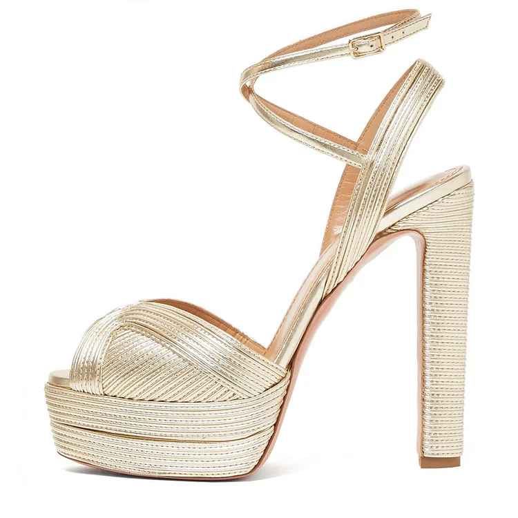 Custom Made Gold Metallic Crisscross Strap Peep Toe High Heels Sandals |FSJ Shoes