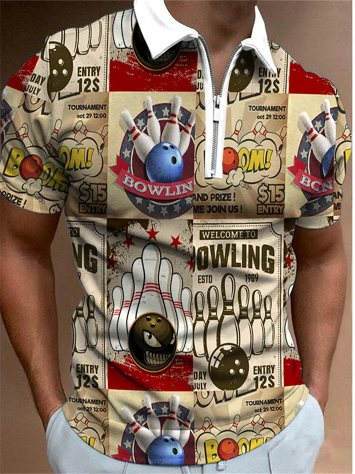 Summer Printed Polo Shirt Bowling Pattern Short Sleeve T-Shirt for Men