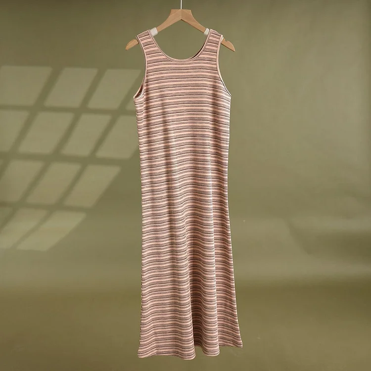 Women Summer Casual Sleeveless Stripe Cotton Dress