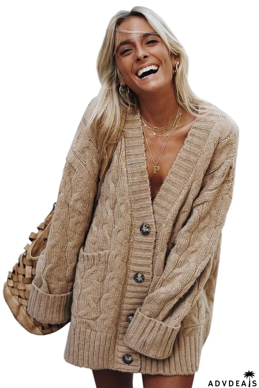 Khaki Open Front Button Knit Cardigan Coat