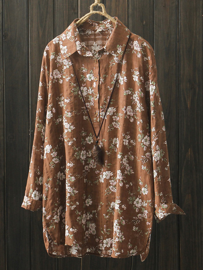 Floral-Print Cotton-Blend Long Sleeve Casual Shirts & Tops