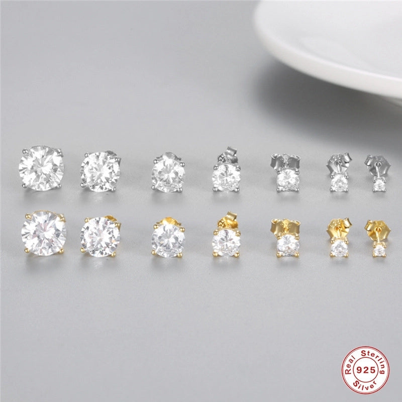 1 Pair 925 Sterling Silver Zircon Round Ear Studs