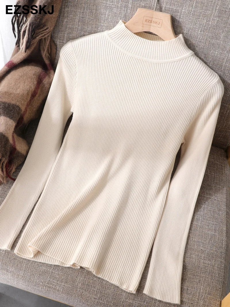 2021 Knitted Women high neck Sweater Pullovers Turtleneck Autumn Winter Basic Women Sweaters Slim Fit Black