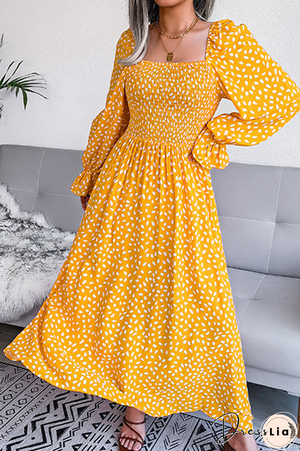 Elegant Print Flounce Fold Square Collar Dresses