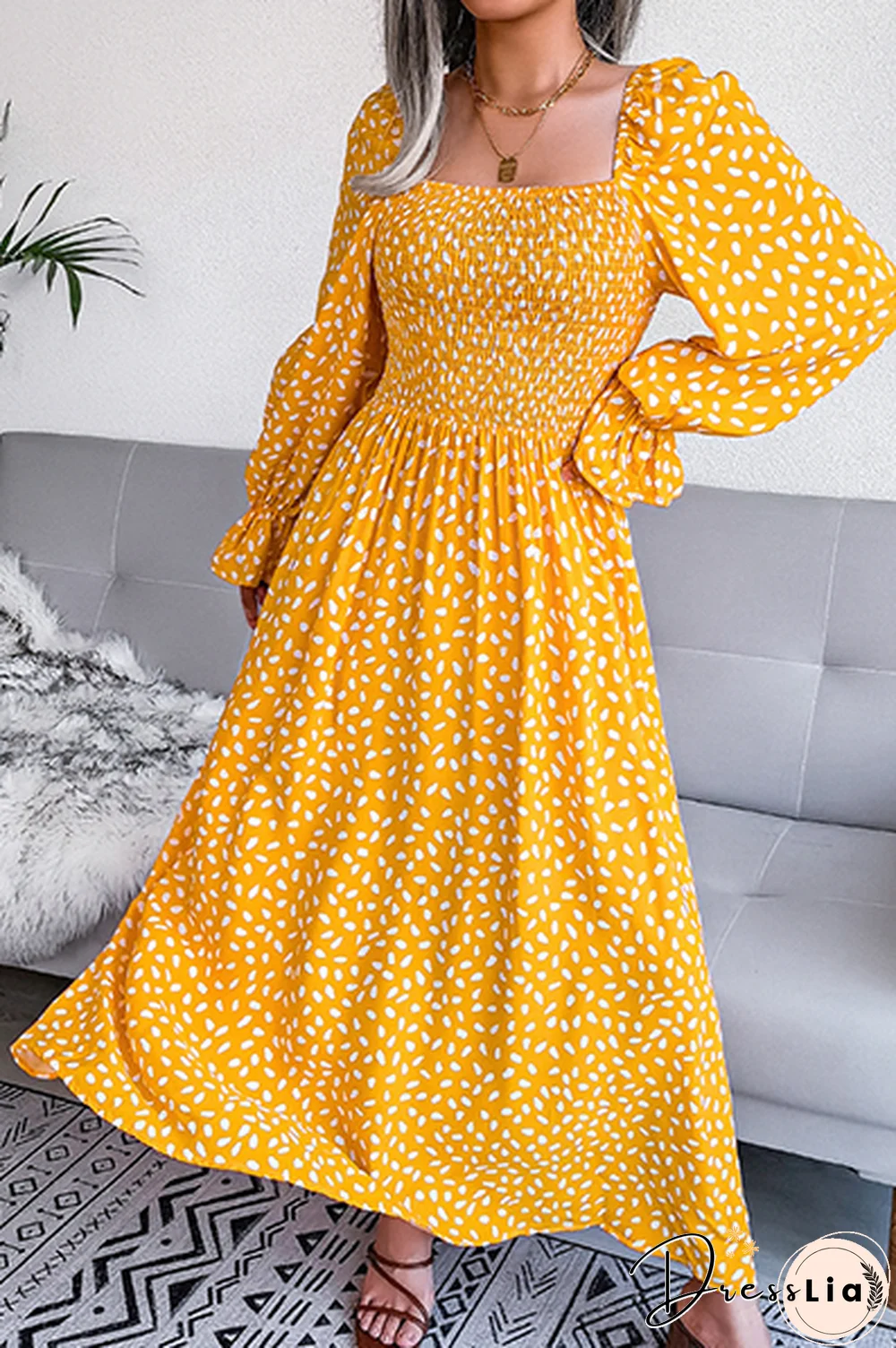 Elegant Print Flounce Fold Square Collar Dresses