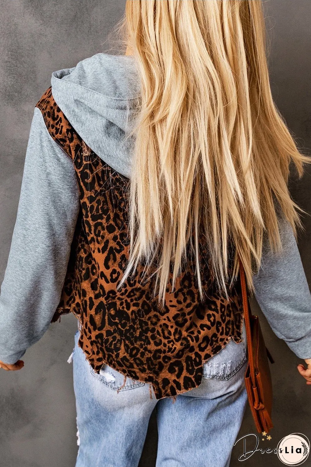 Leopard Distressed Drawstring Hooded Denim Jacket