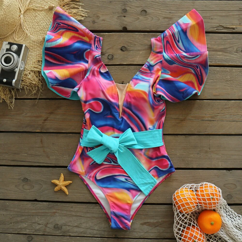 2022 New Sexy Ruffle Print Floral One Piece Swimsuit Swimwear Women Solid Deep-V Beach Wear Bathing Suit Summer Monkini