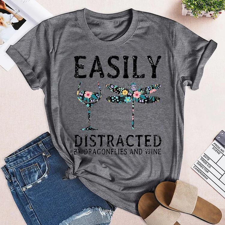 Easily Distracted By Dragonflies and Wine T-Shirt-04010-Annaletters