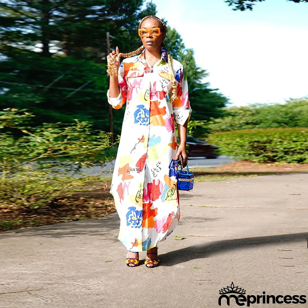 Women Spring Summer Autumn Fashion Sexy Long Shirt Print Casual Long Dress