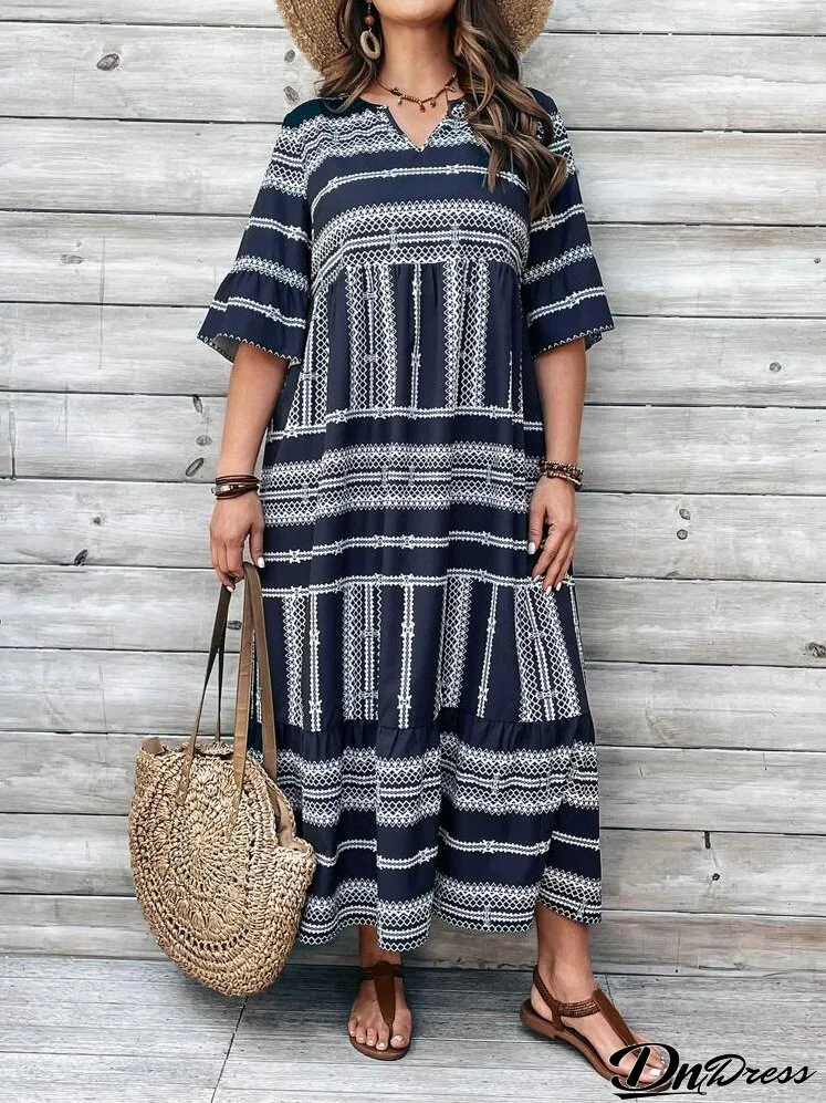 Women's Plus Size Striped & Geometric Print Maxi Dress With Flared Sleeves For Vacation