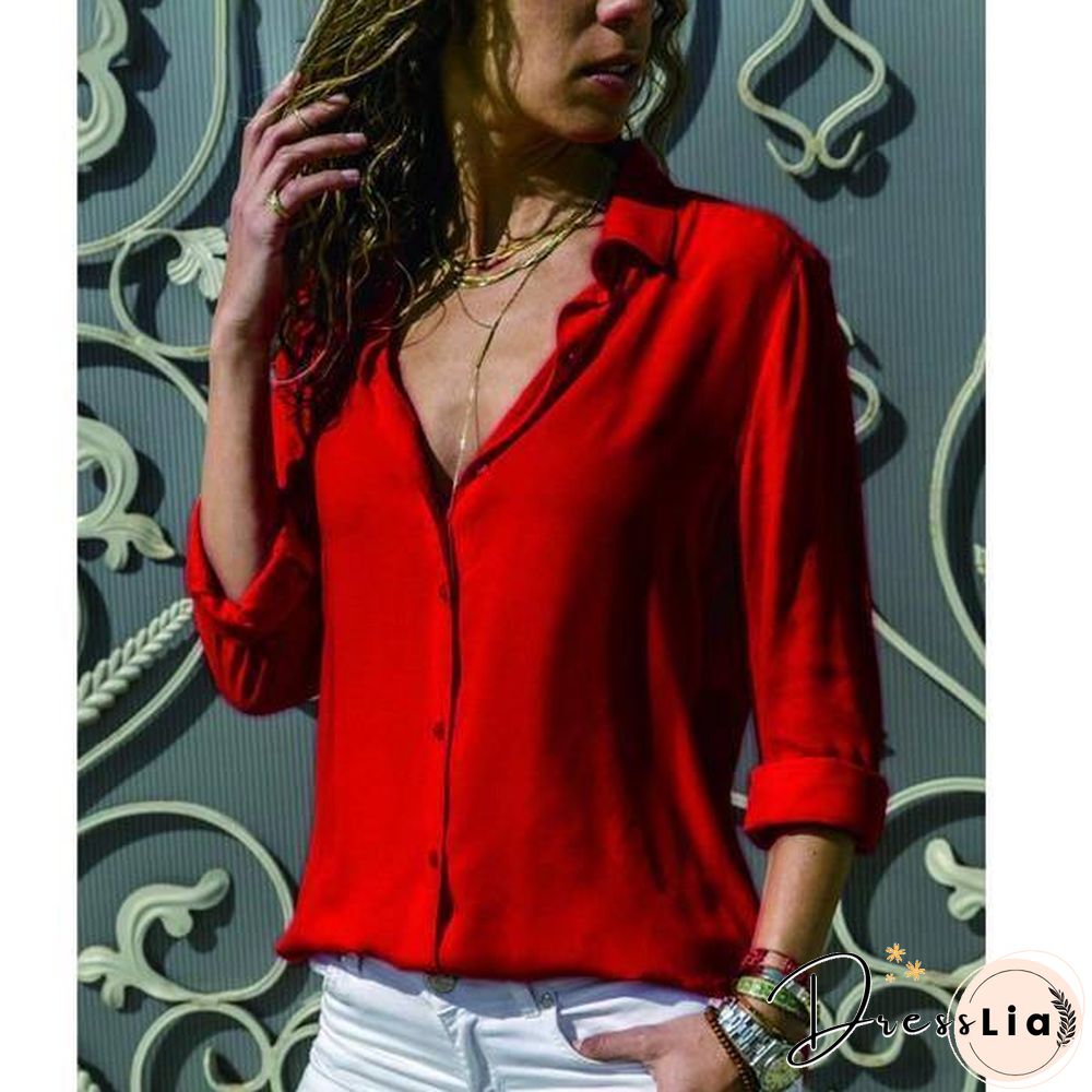 Women Blouses Basic Selling Button Solid Fashion Long Sleeve Office Shirt Leisure Blouse Shirt Casual Slim Plus Size Tops