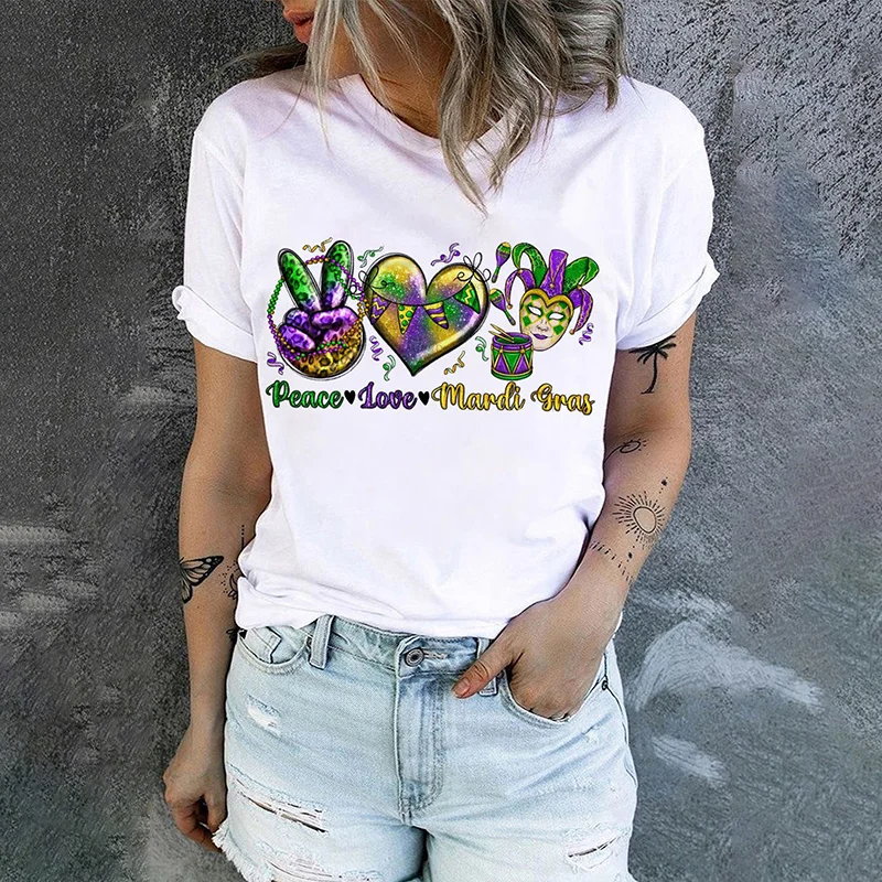Mardi Gras Heart-shaped None Round Neck Casual T-Shirt