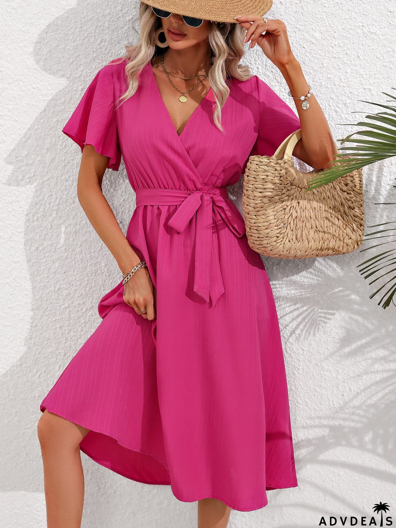 Surplice Neck Tie Belt Midi Dress