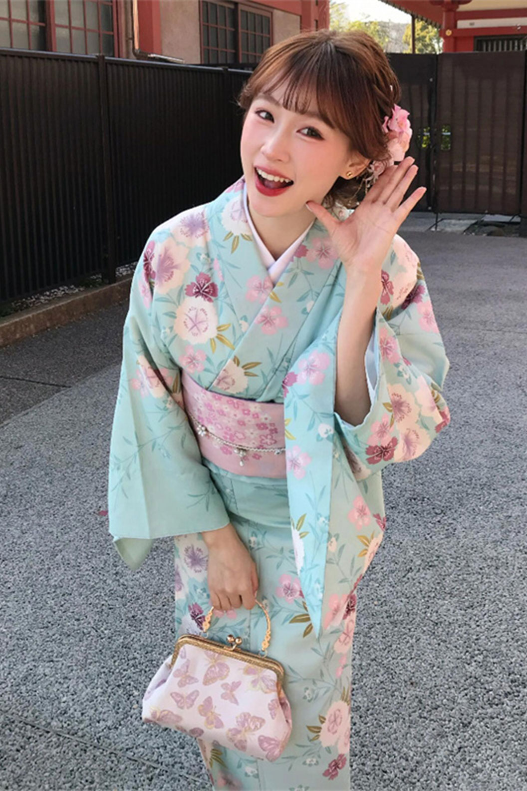 Yukata Kimono Rose Design Blue Kimono Japanese Girl Style - はなびたいかい Stupa Stones