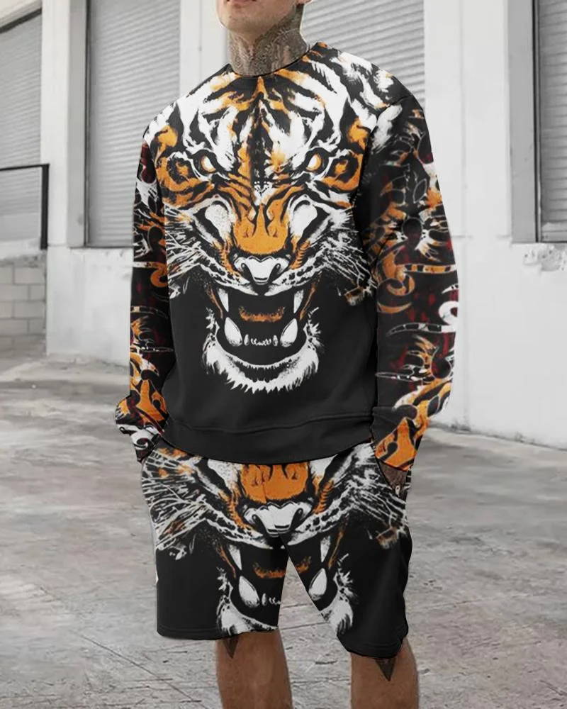 Simple Men's Tiger Print Suit Long Sleeve Shorts