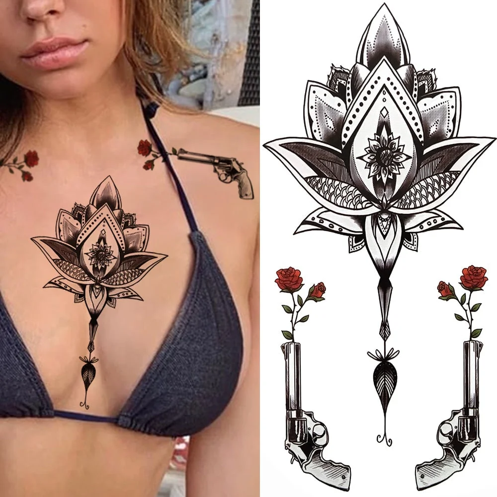 Clock Flower Tattoo Sticker Fake Tiger Lion Deer Snake Temporary Tattoo For Momen Kids Black Evil Devil Tribal Totem Tatoo Paper 712