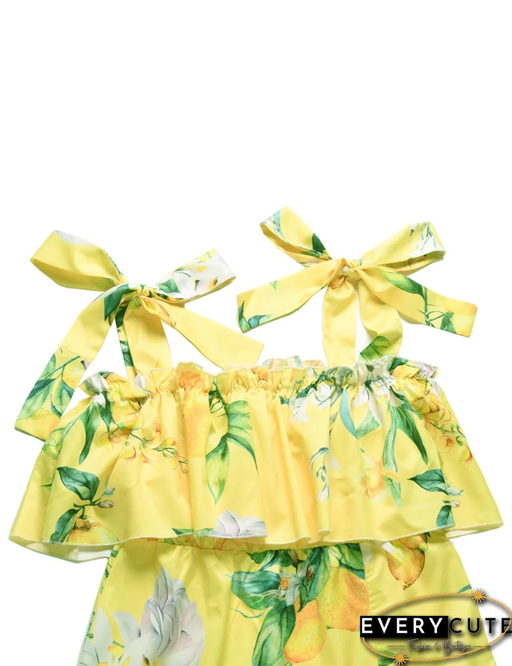 Yellow Floral Print Ruffled Split Maxi Dress