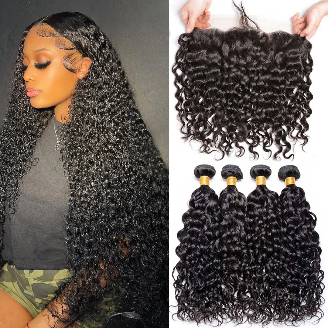 12A 3PCS 13X4/13X6 Transparent Lace Frontal Water Wave 3 Bundles with Transparent Lace Frontal