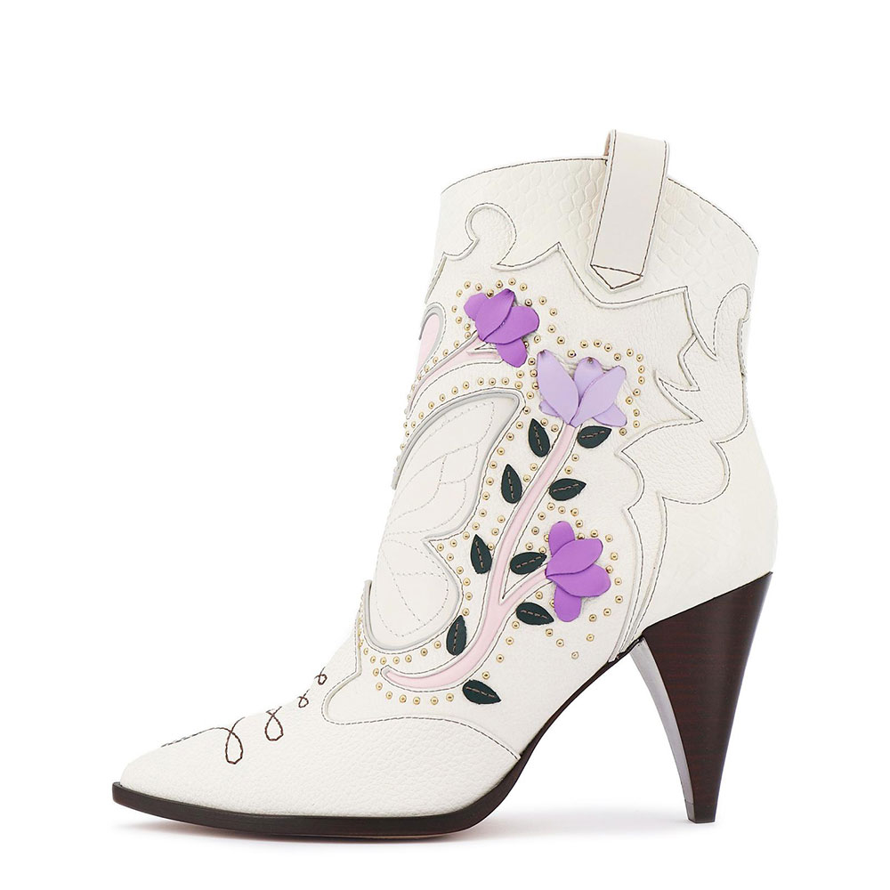 White Studs Booties Cone Heel Butterfly Floral Cowgirl Boots