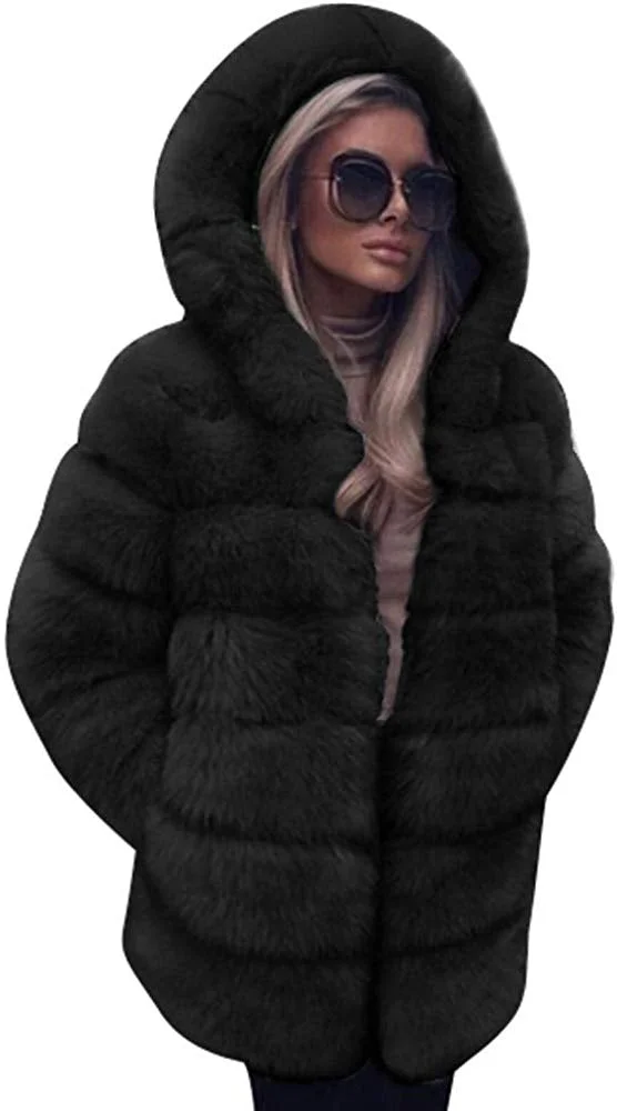 Womens Faux Fur Soft Warm Hooded Coat Outerwear Overcoat Long Jacket