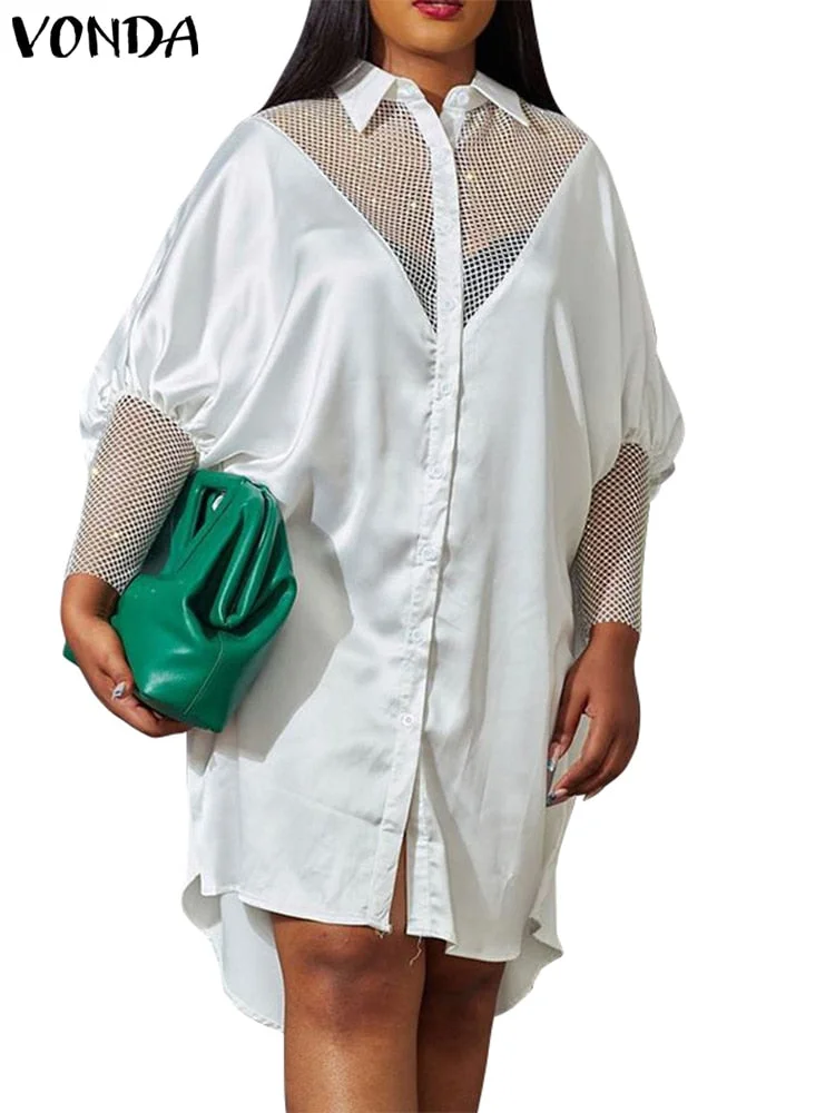 Elegant Patchwork Lace Dress VONDA Women Hollow Out Knee-Lenght Dress Vintage Lantern Sleeve Sundress Casual Vestido Femininas