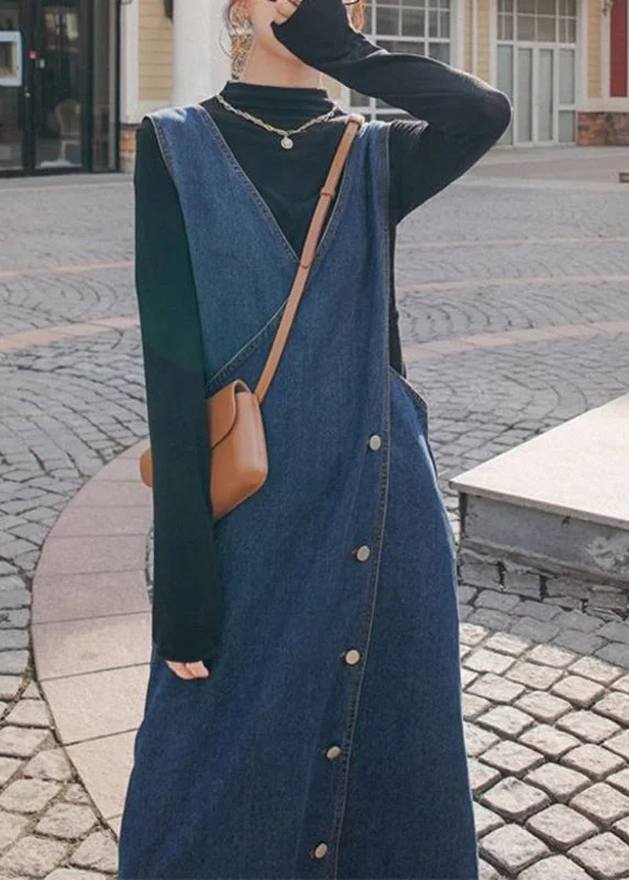 Handmade Blue V Neck Asymmetrical Design Patchwork Denim Maxi Dresses Fall