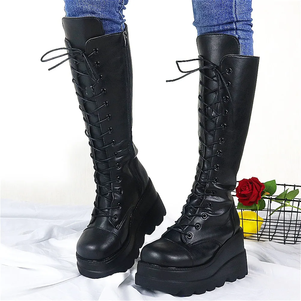 Brand New Large Sizes 43 Platform Wedge High Heels Stylish Trendy Cool Atuumn Winter Motorcycles Boots Shoes Women Footwear