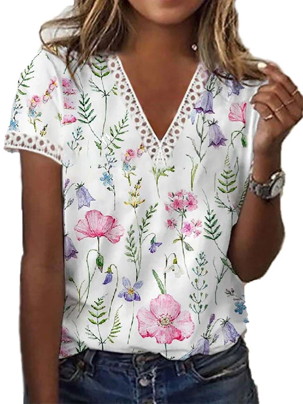 Women Short Sleeve V-neck Floral Printed Tops
