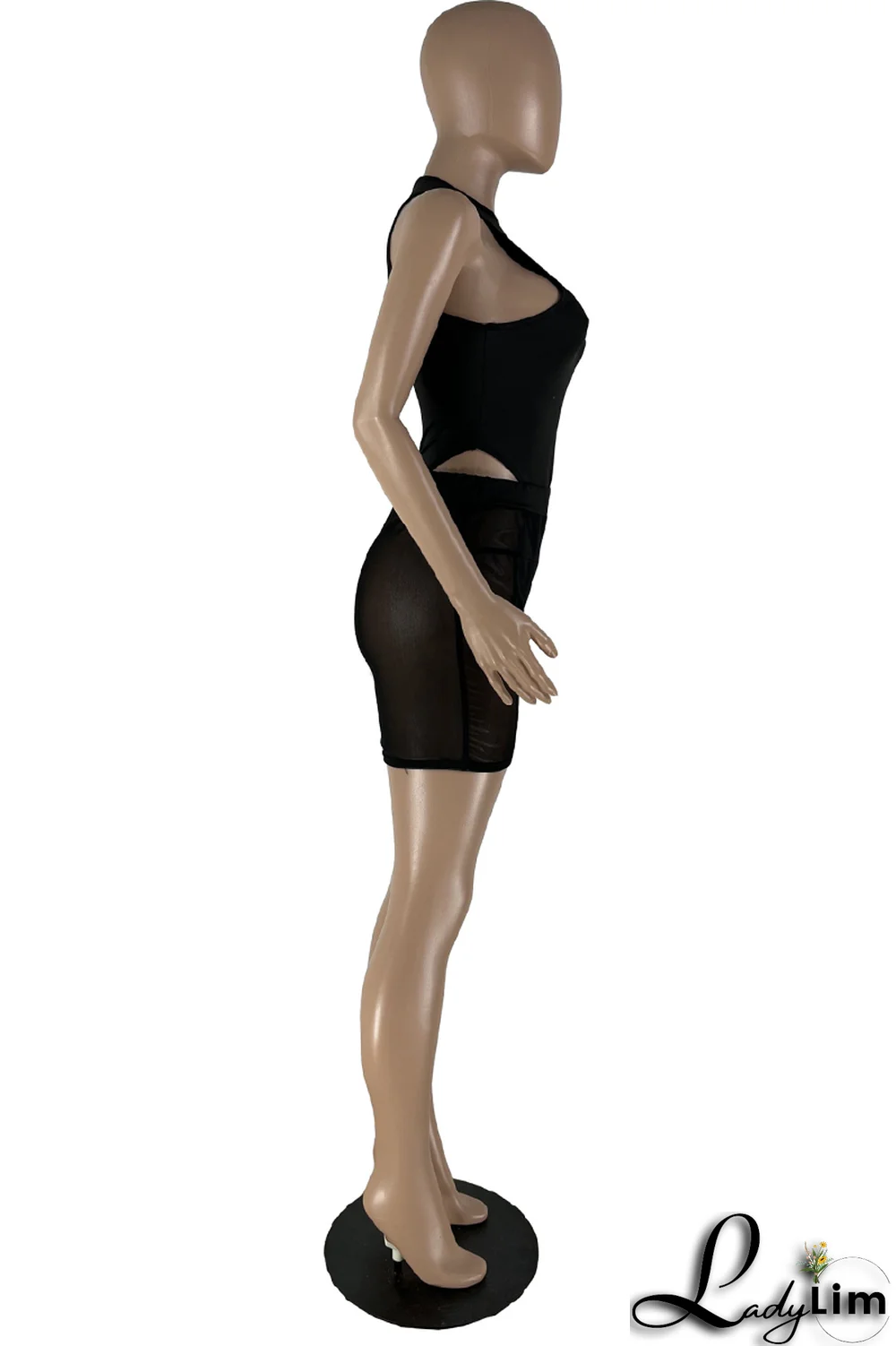 Black Sexy Solid Mesh Cold Shoulder Sleeveless Two Pieces