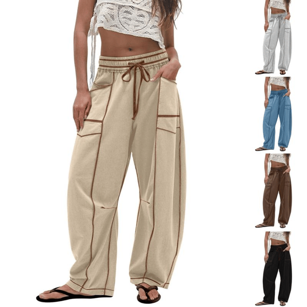 Womens Baggy Barrel Pants Wide Leg Lounge Drawstring Sweatpants with Pockets