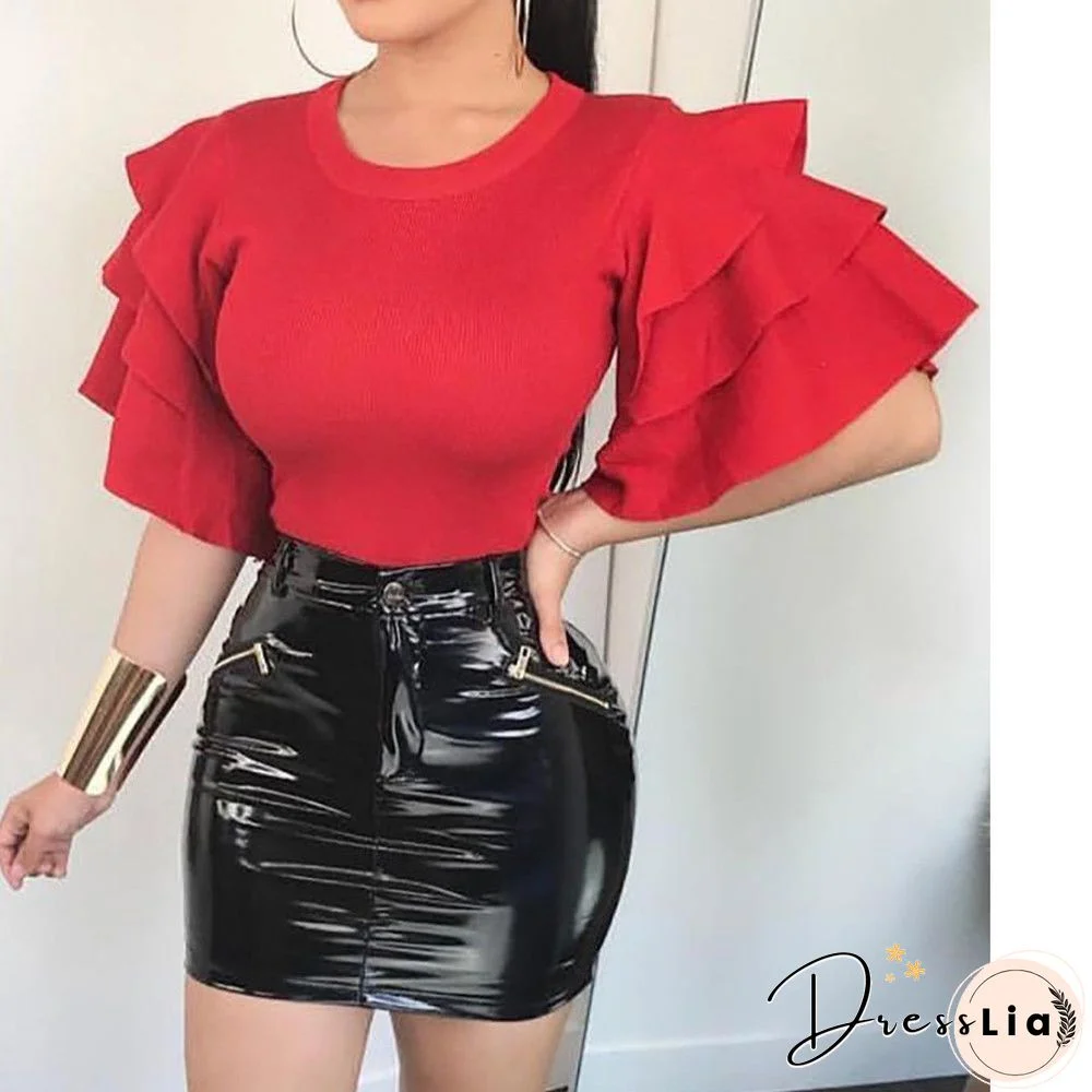 Women Ruffles Shirts Flared Sleeves T-Shirts Plain Summer Loose Tee Tops Womens Shirts Ladies T Shirts Solid Color Clothes