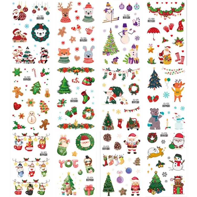 12 Sheets Christmas Temporary Tattoo Stickers Cute Cartoon Transfer Face Arm Body Art Festival Party Makeup Tattoo Decals Decors