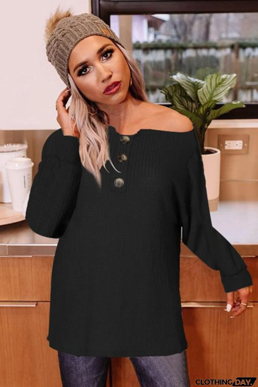 Buttoned Boat Neck Long Sleeve Blouse