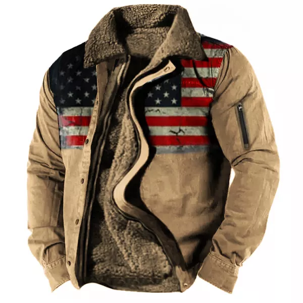 Mens Vintage American Flag Print Sherpa-Lined Zipper Tactical Shirt Jacket