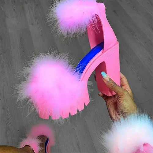 Back to college Women Sandals Fluffy High Heels Summer Fur Shoes 2022 Casual Ankle Buckle Fashion Shoes Non-Slip Outside Sandals Big Size 43