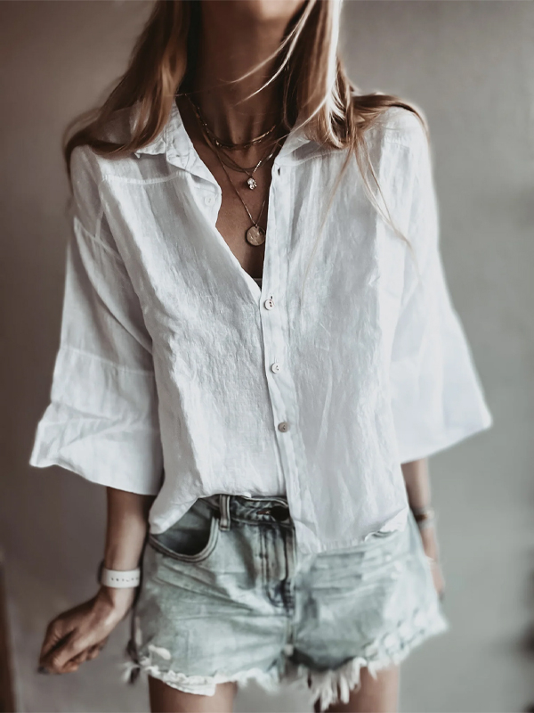 White Cotton And Linen Mid-sleeve Shirt hjn Shicloths